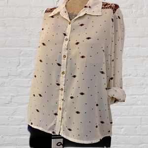 Prototype Sheer Ivory Brown Red Aztec Print Long Button Up Roll Sleeve Top